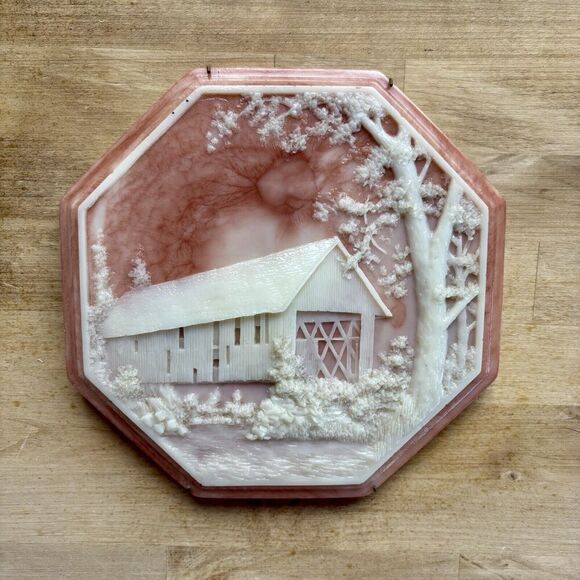 Vintage Other - Vtg Incolay Soapstone Cottage Bridge Cute Marbled Plate Pink Ivory Forrest River
